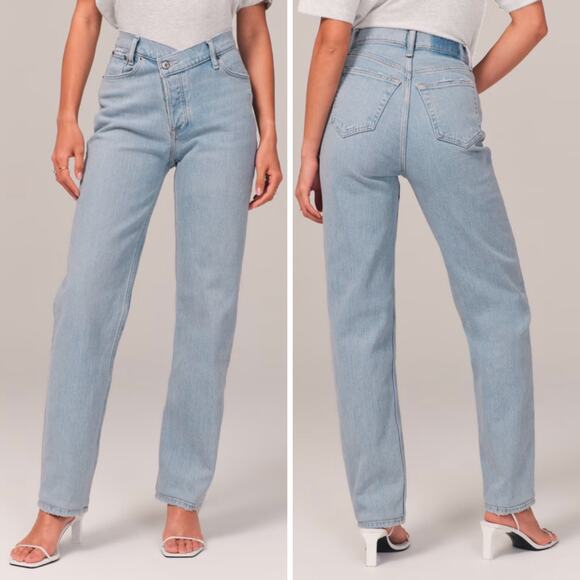NWT ABERCROMBIE JEANS 33 CURVE LOVE CRISS CROSS DAD HIGH RISE BUTTON FLY BLUE - Picture 1 of 16